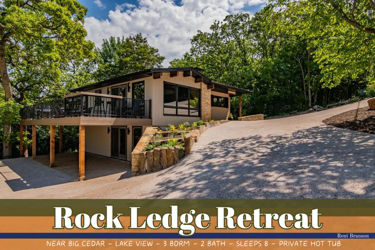 This exterior image features the modern architecture of the home, with a large deck surrounded by trees and a landscaped pathway leading up to it. Visible activities include relaxing in the hot tub, outdoor dining, and enjoying nature walks, all set in a tranquil, welcoming atmosphere.